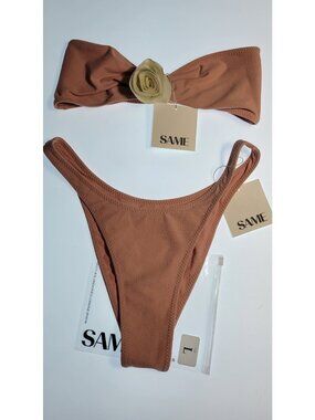 SAME Los Angeles Rosette Bandeau Bikini Set Faux Suede Pink Size Large  NWT